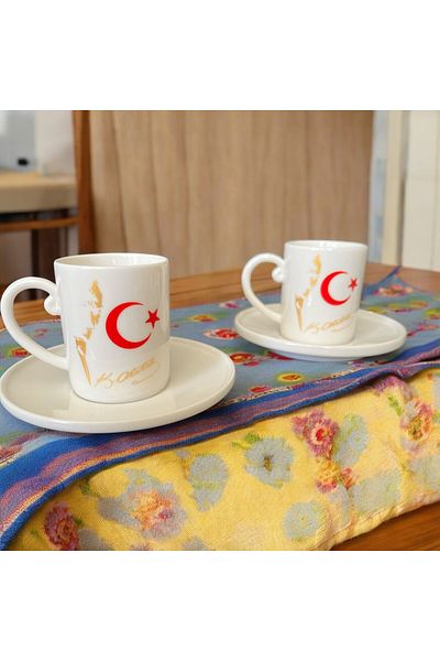WPAWZ Moon Star and Atatürk Printed Set of 2 Porcelain Turkish Coffee Cups