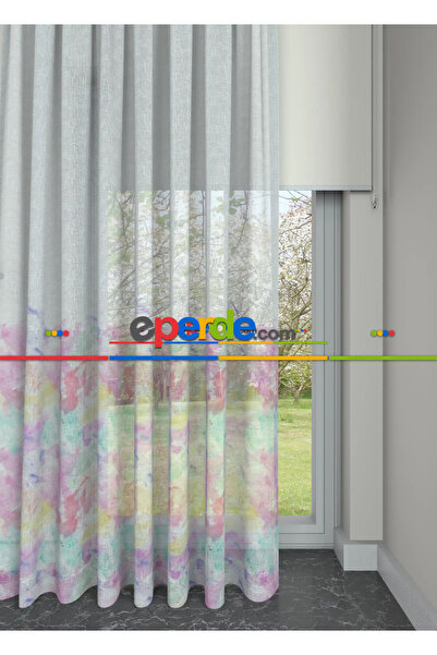 eperde Hazır Ölçülü Petek Zemin Renkli Desenli Grek Baskılı Tül Perde - Sık Pile