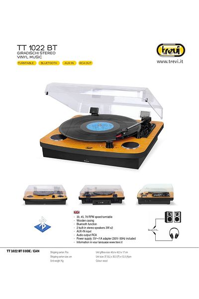 Trevi Retro Vintage Wooden Stereo Bluetooth USB Vinyl Record Player 33/45/78 RPM Speakers 6W Cherry