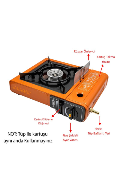 Badem10 3'lü Gaz Taşınabilir Portatif Kamp Ocağı Tekli Tek Gözlü Gri Renk Kartuşlu Piknik Tüp Bağlantı Ocak