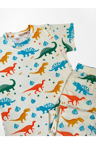 elmas kids Boys' 100% Cotton Fabric White Color Dinosaurs Pattern Short Sleeve Thin Seasonal Pajamas Set