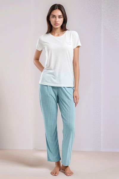 Pierre Cardin Women's Summer Pajama Set - White T-Shirt and Blue Pants
