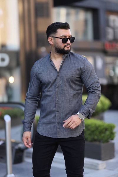 Klothy Men's Judge Collar Snap Washable Gabardine Denim Shirt 2322