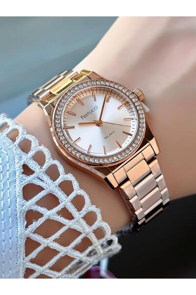 Ferrucci Milano Kadın Kol Saati – Taş Süslemeli Çerçeve Rose Gold Metal Kordon