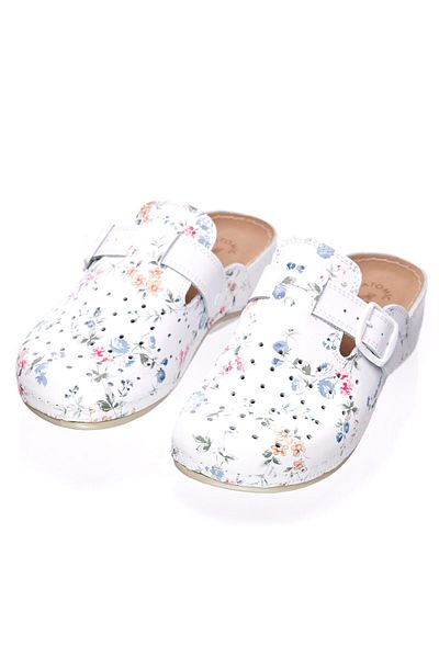 Tellus Women's leather medical clogs 25-09, White with flowers - 39