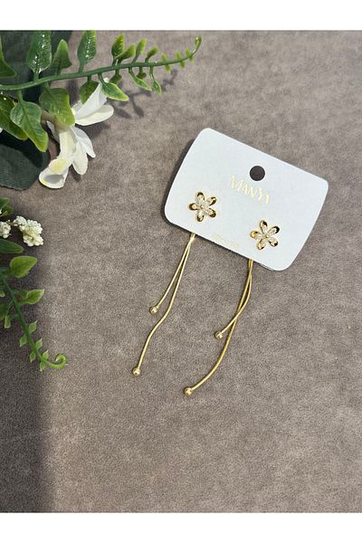 VİYA Gold Flower and Pearl Detailed Dangle Steel Earrings