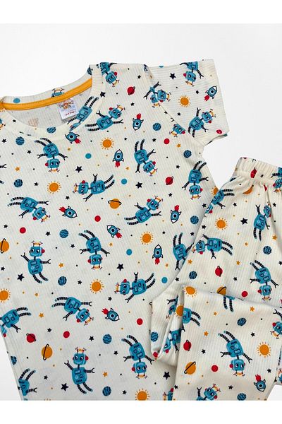 elmas kids Boys' 100% Cotton White Robot Space Pattern Short Sleeve Thin Seasonal Pajamas Set