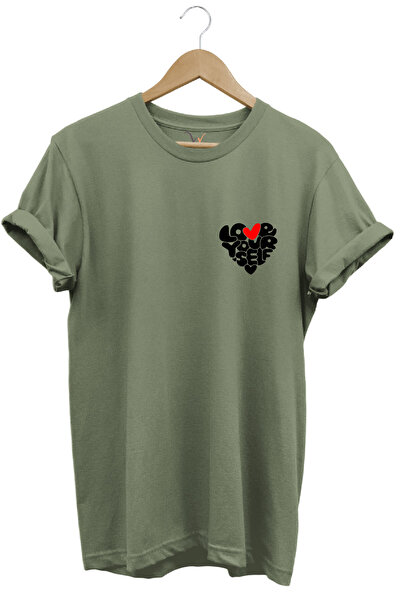 WİDİ Love Yourself Heart Typography Printed 100% βαμβακερό μπλουζάκι Unisex Regular Fit