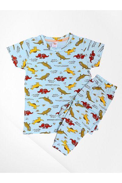 elmas kids Boys' 100% Cotton Fabric Light Blue Dinosaurs Pattern Short Sleeve Thin Seasonal Pajamas Set