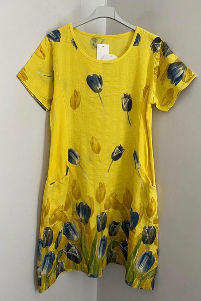 AYASOFYA OTANTIK Women's Italian Yellow Tulip Pattern Short Sleeve Cotton Midi Dress with Bag Pocket