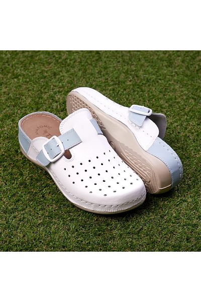 Tellus Women's leather medical clogs 25-09, White with blue - 36