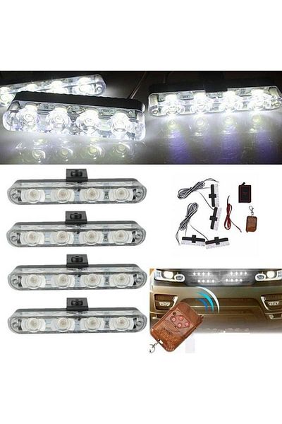 BGRJ Automotive Set of 4 white strobe lights for grille, remote control, 7 functions, 12V