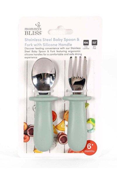 Mommy's Bliss طقم ملعقة وشوكة بمقبض سيليكون - أزرق