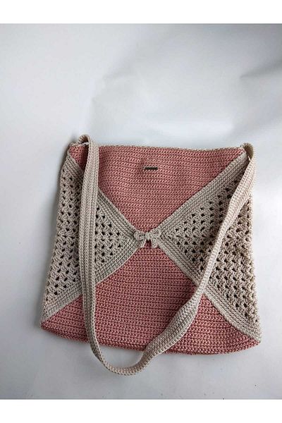 RELYA Women's Beige Two Color Macrame Knitted Snap Fastener Postman Hand Shoulder Bag Width 32 cm Length 33 cm Depth 2 cm
