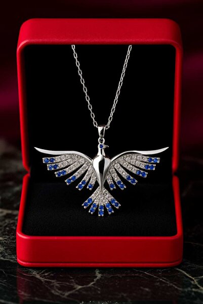 KAR DİAMOND 925 Ayar Gümüş Rodyum Kaplama Mavi Taşlı Anka Kuşu Kolye - Sertif...