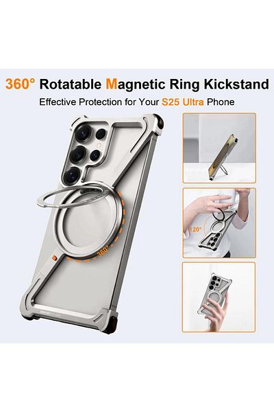 Generic Metal Frameless Phone Case for Samsung Galaxy S25 Ultra with Stand 360° Rotatable Magsafe