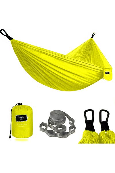 hikerjoy Hamac PRO ripstop 70D, ultra ușor 270x150 cm, cu chingi & carabine, galben