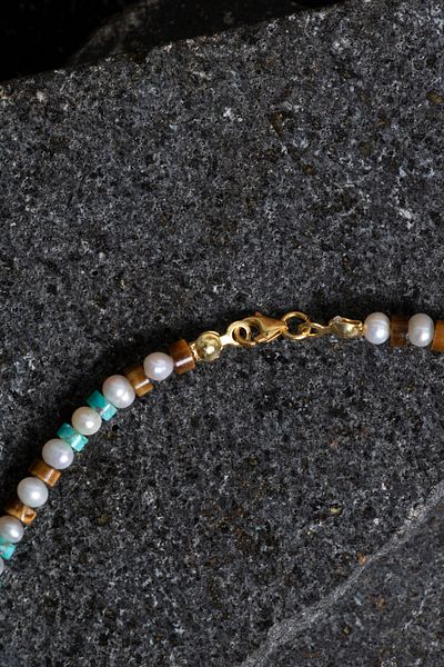 OSMANLI DOĞAL TAŞ Certified Pearl Tiger Eye Turquoise Silver Closure Natural Stone Set