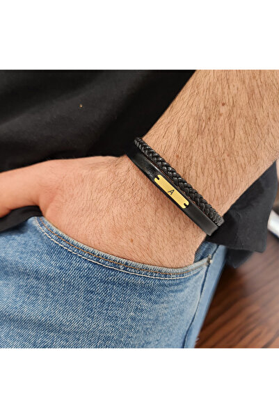 ARCHINO GOLD 14 Ayar Altın Plakalı A Harfine Özel Dikdörtgen Motifli Hakiki Siyah Derili Hediye Bileklik-537harf
