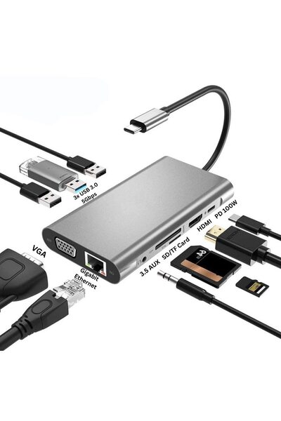 GEAKISO Stație de andocare 10 în 1 Tip-C, HDMI 4K, VGA 1080P, 3 x USB 3.0, RJ45 Gigabit Ethernet, alimentare cu energie