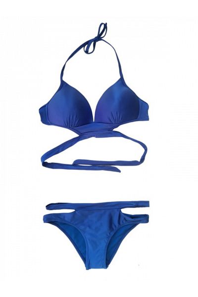 Ocean Costum de baie albastru satinat, sutien cu cupe si benzi decorative, slip cu decupaje