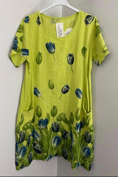 AYASOFYA OTANTIK Women's Italian Pistachio Green Tulip Pattern Short Sleeve Cotton Midi Dress with Bag Pocket
