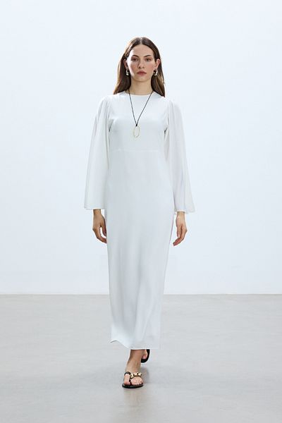 BE BLUE Ekru Sleeved Romantic Satin Dress with Flange