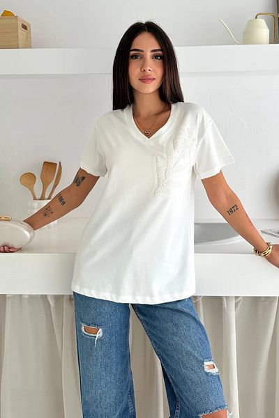 FEMELLE Tricou alb pentru femei, cu decolteu în V, cu model de flori, paiete și mărgele brodate, 100% bumbac