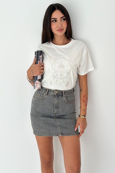 FEMELLE Tricou de damă cu model panda albă brodat cu mărgele 100% bumbac