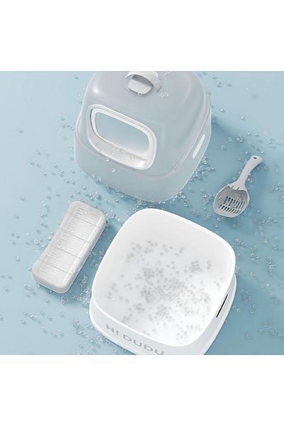 Smart Vibe DuDu® Closed Cat Litter Box, Removable Tray, Folding Ladder, Washable, Large Size, White