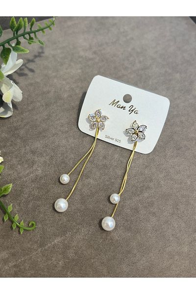 VİYA Gold Flower and Pearl Detailed Dangle Steel Earrings