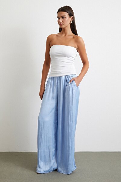 Never more Wide Leg Gathered Trousers with Elastic Waist Blue