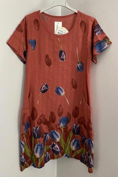 AYASOFYA OTANTIK Women's Italian Dusty Rose Tulip Pattern Short Sleeve Cotton Midi Dress with Bag Pockets