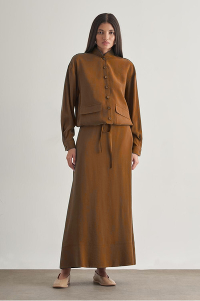 Mizalle Taba Modal Karışımlı Camel Maksi Evaze Etek