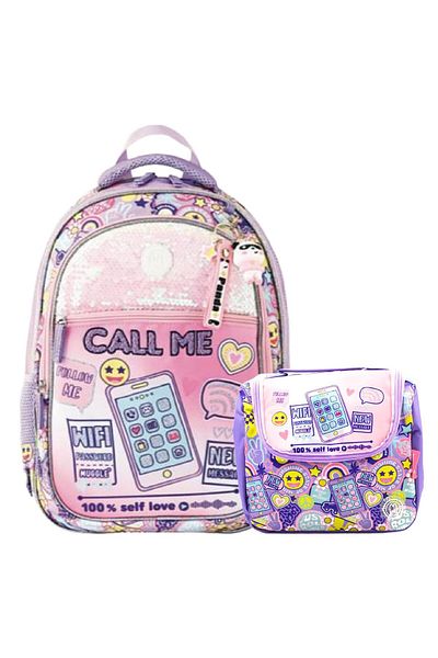 MUGGLE Geantă de școală Call Me cu 3 compartimente + Cutie de prânz Liliac Set de 2