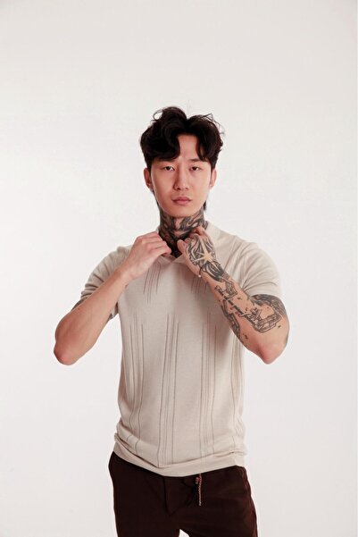 The Champ Clothing Men's Beige Polo Neck Knitwear T-Shirt – Short Sleeve, Summer Modern Slim Fit Knitted Model