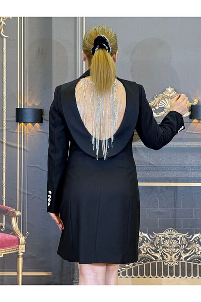 Yeşilmoda Evening Dress Jacket,Crepe Fabric,Lined Atlas,Hidden Button,Open Back,With Stone Chain Process,Black,Knee Top