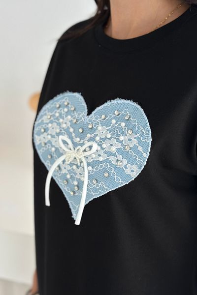 FEMELLE Tricou 100% bumbac cu model de inimă cu panglică neagră pentru femei, cu mărgele și broderie, detaliu din denim