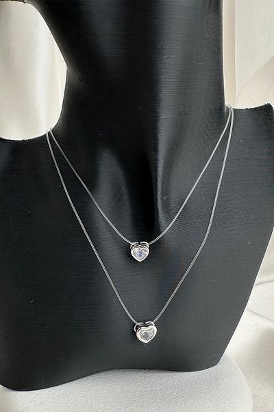 Modex Silver Color Invisible Fishing Line Stone Double Heart Ghost Necklace