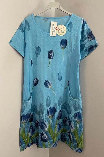AYASOFYA OTANTIK Women's Italian Baby Blue Tulip Pattern Short Sleeve Cotton Midi Dress with Bag Pocket