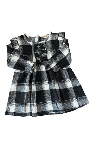 Kamex Plaid Snow Pattern Lumberjack Ruffled Long Sleeve Leather Button Detailed Girl's Dress