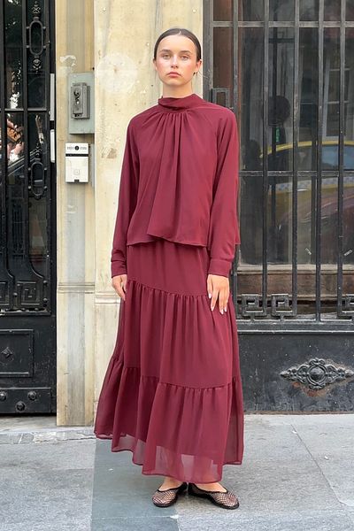 Birgül Bektaş Burgundy Tie Detail Chiffon Skirt Set