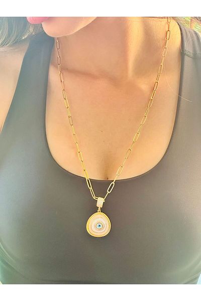 Gönülden Tasarım Zircon Stone Engraved Evil Eye Bead Eye Steel Necklace 32 cm