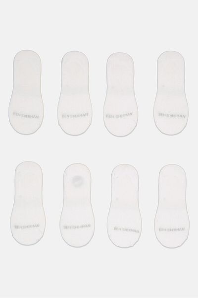 Ben Sherman Men 8 Pairs Brand Logo Mid Cut Liner Silicone Heel Grip Socks, White