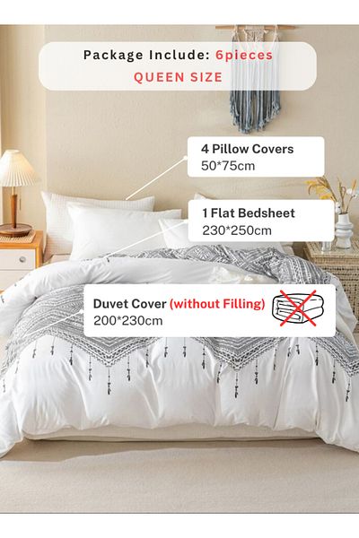 LUNA HOME Queen size 6 piece boho bedding set in black and white without filling 200x230cm.