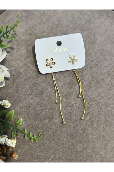VİYA Gold Flower and Pearl Detailed Dangle Steel Earrings