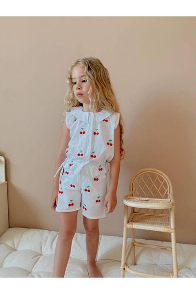 YİGİT BUTİK Yigit Boutique Cherry Embroidered Linen Fabric Girl's Suit