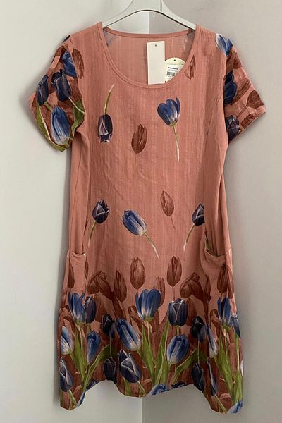 AYASOFYA OTANTIK Women's Italian Powder Tulip Pattern Short Sleeve Cotton Midi Dress with Bag Pocket