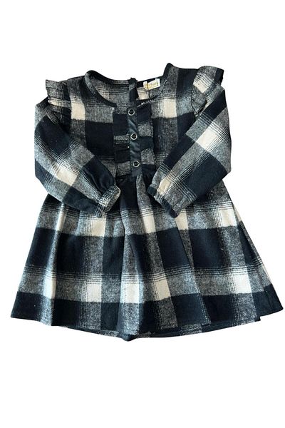 Kamex Καρό KarE Pattern Lumberjack Ruffle Μακρυμάνικο Δερμάτινο Κοριτσίστικο Φόρεμα με λεπτομέρεια με κουμπιά