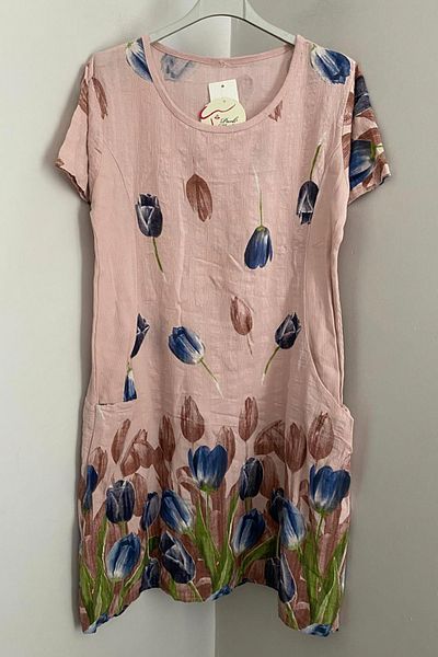 AYASOFYA OTANTIK Women's Italian Pink Tulip Pattern Short Sleeve Cotton Midi Dress with Bag Pockets